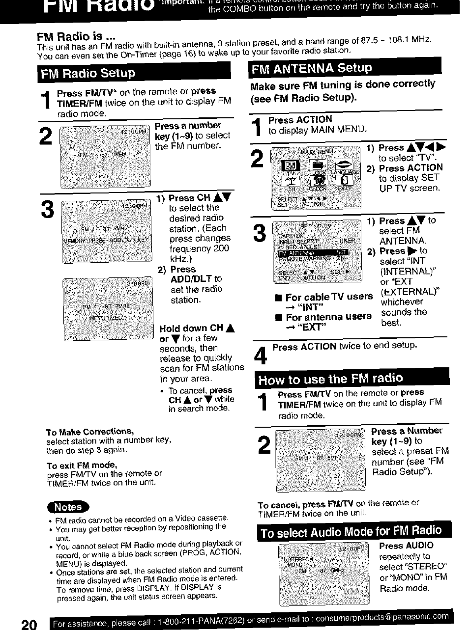 Fwi radio setup, Fm antenna setup, How to use the fm radio | To select audio mode for fm radio, Rivi ncjulu | Panasonic PV C2063 User Manual | Page 20 / 40