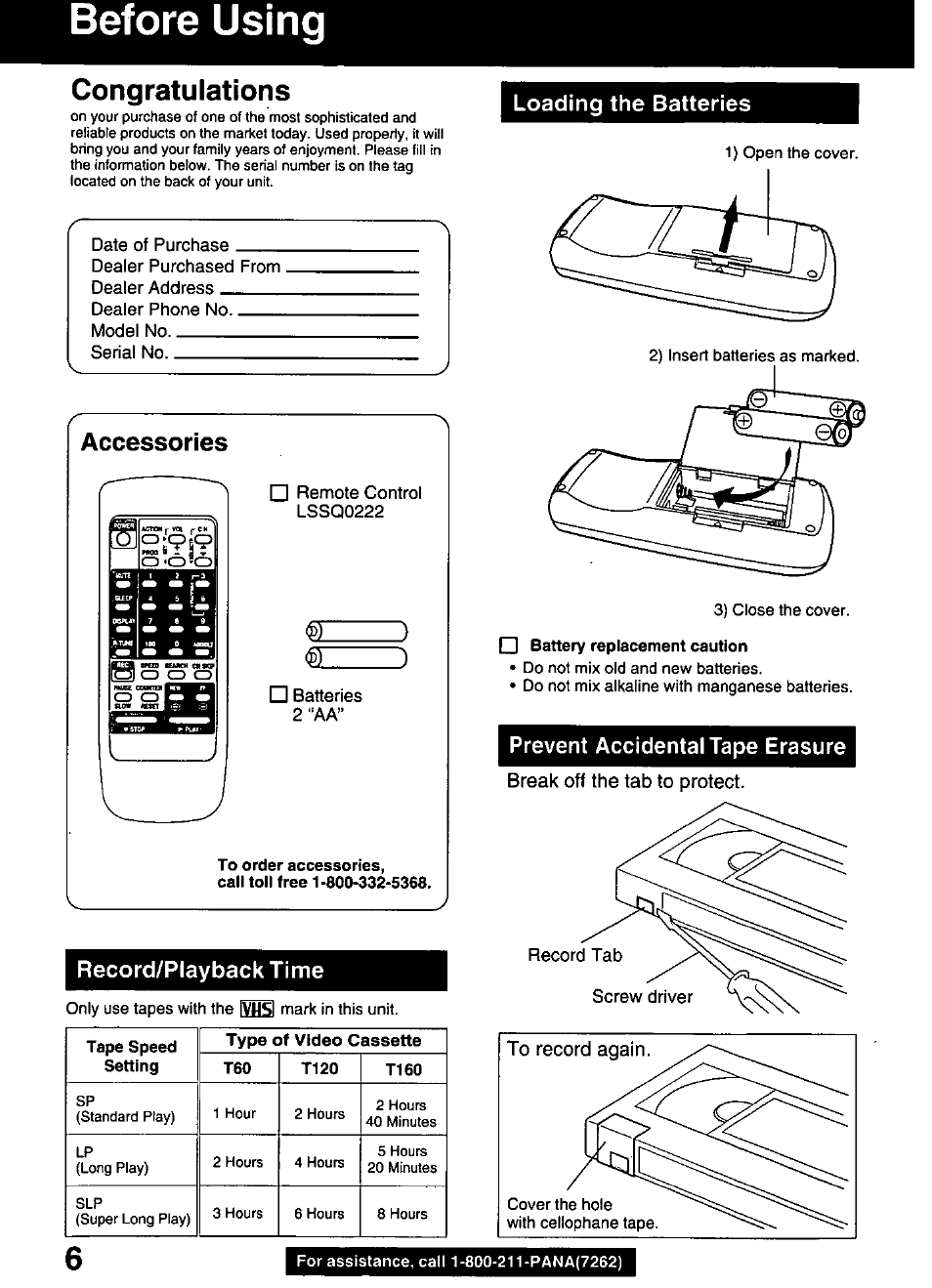 Before using, Accessories, Record/playback time | Loading the batteries | Panasonic OMNIVISION PVQ-1310 User Manual | Page 6 / 44