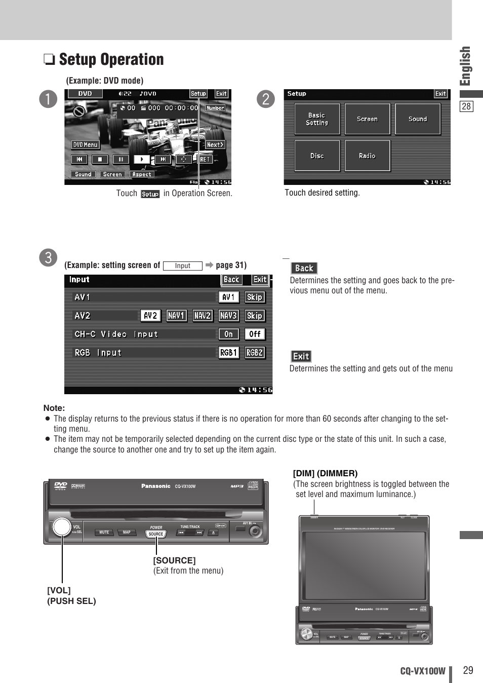 Setup operation, English, Cq-vx100w | Example: setting screen of a page 31), Determines the setting and gets out of the menu, Source] (exit from the menu) [vol] (push sel) | Panasonic CQ-VX100W User Manual | Page 29 / 46