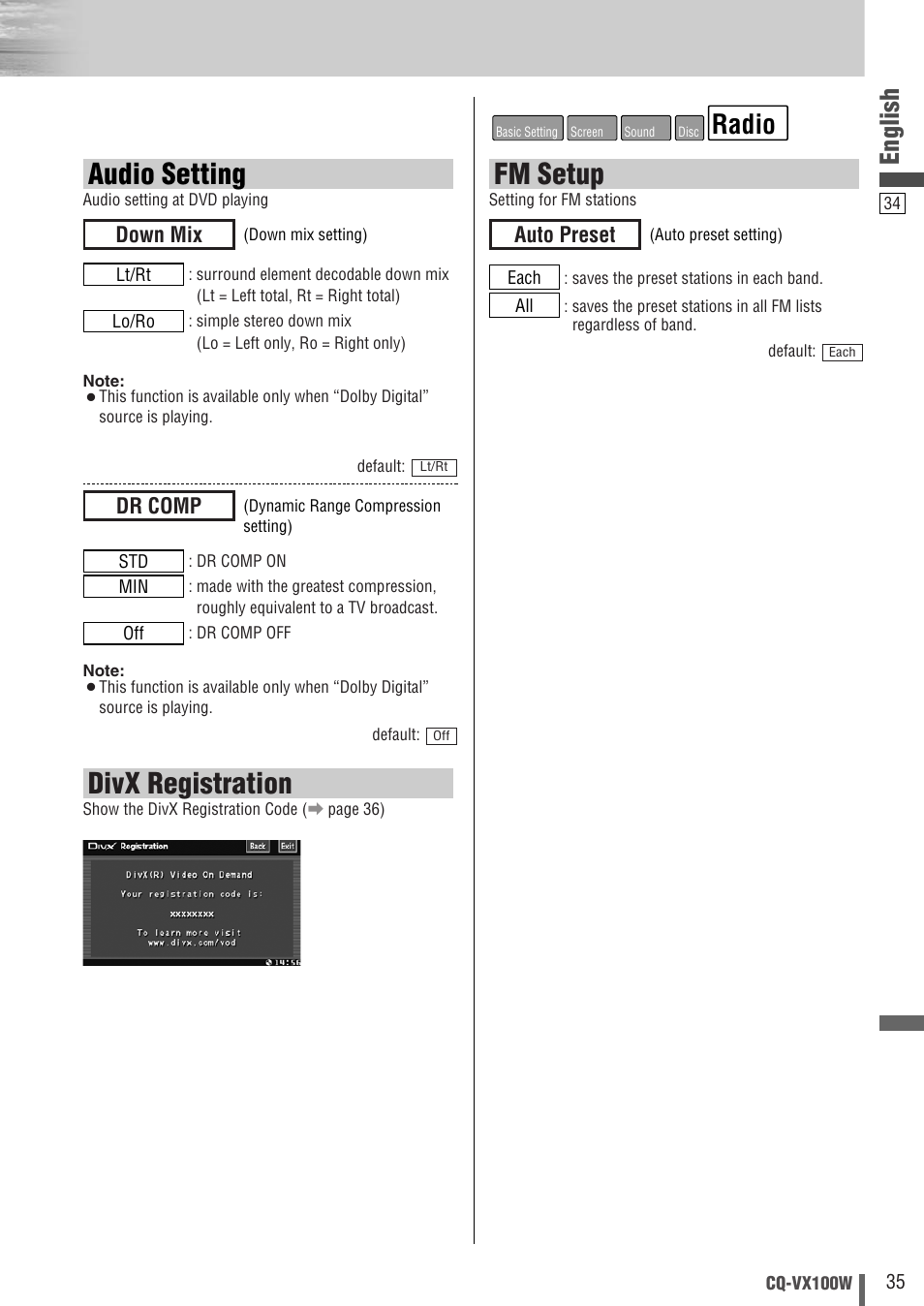 Audio setting, Divx registration, Fm setup | Radio, English, Dr comp, Down mix, Auto preset | Panasonic CQ-VX100W User Manual | Page 35 / 46
