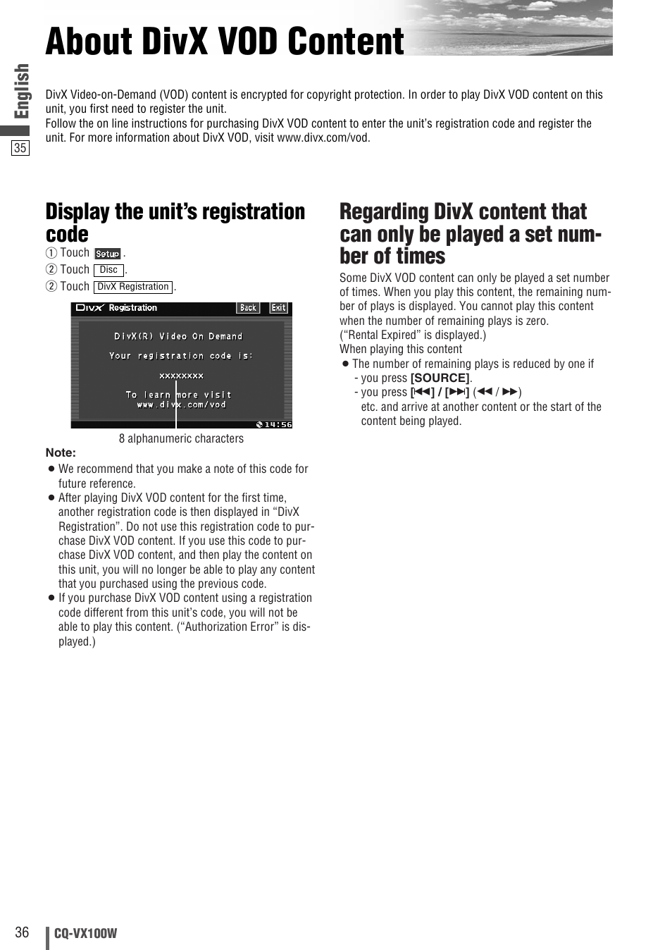 About divx vod content, Display the unit’s registration code, English | Panasonic CQ-VX100W User Manual | Page 36 / 46