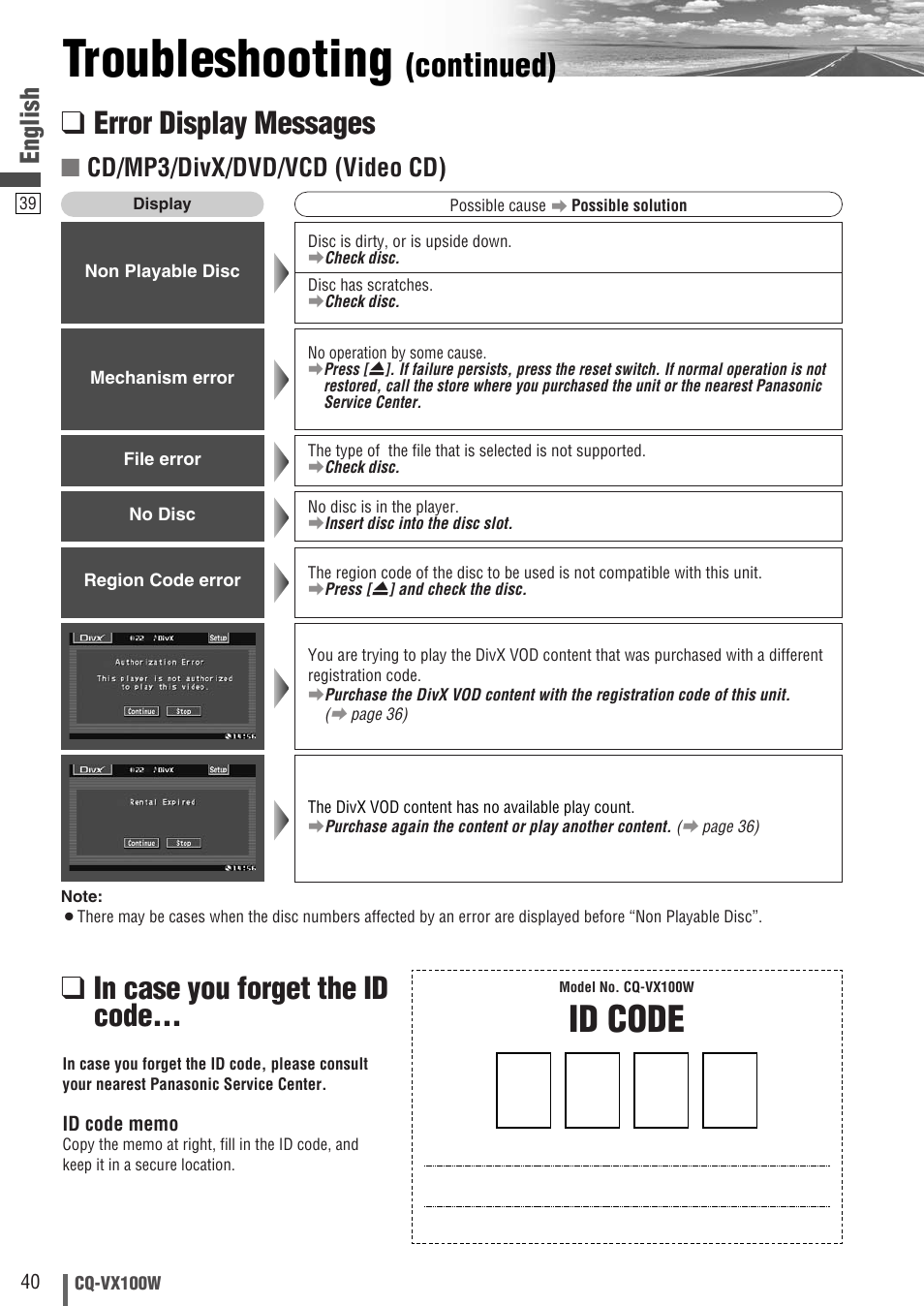 Troubleshooting, Id code, Continued) | Error display messages, English, Cd/mp3/divx/dvd/vcd (video cd) | Panasonic CQ-VX100W User Manual | Page 40 / 46