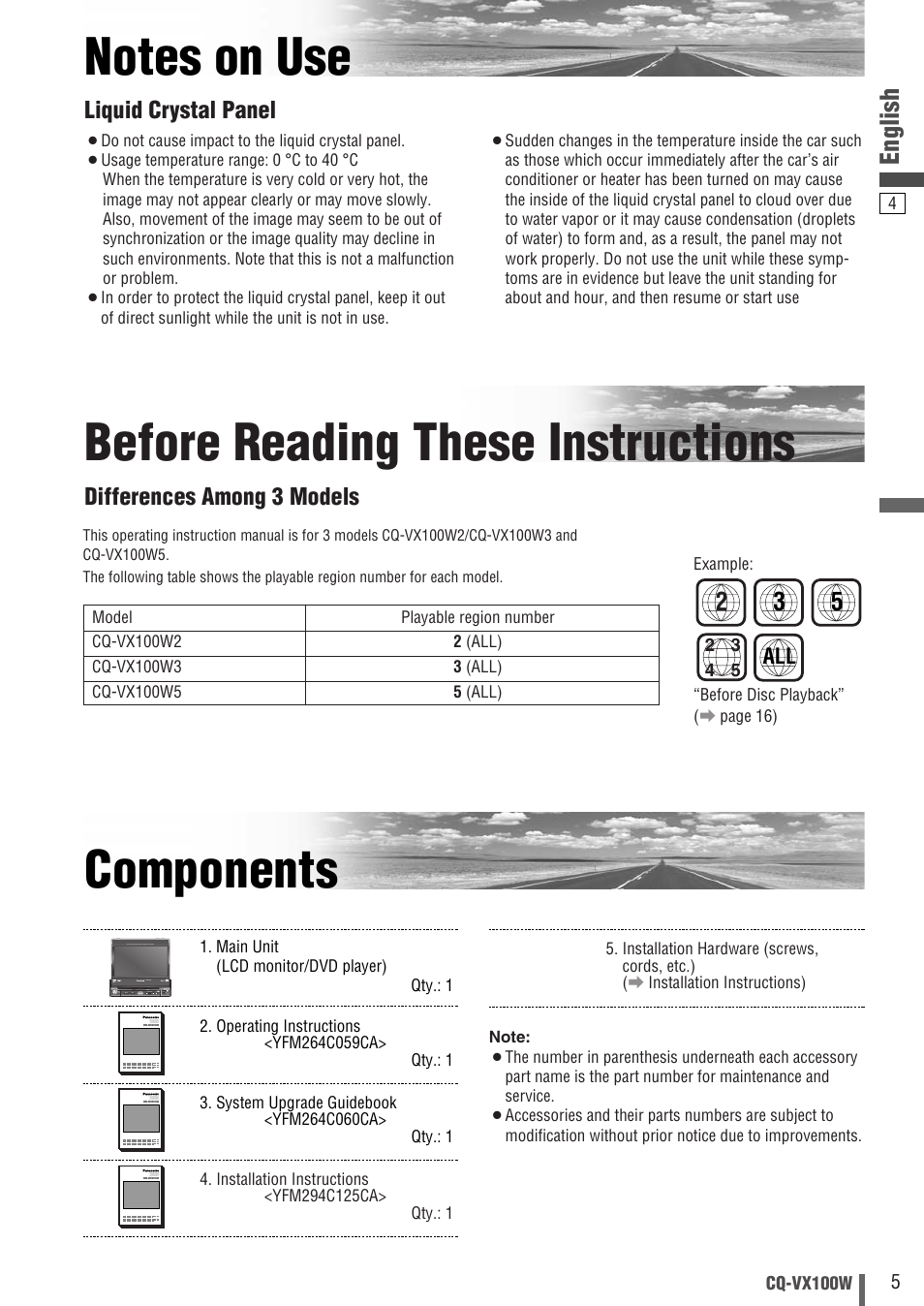 Before reading these instructions, English, Liquid crystal panel | Differences among 3 models | Panasonic CQ-VX100W User Manual | Page 5 / 46