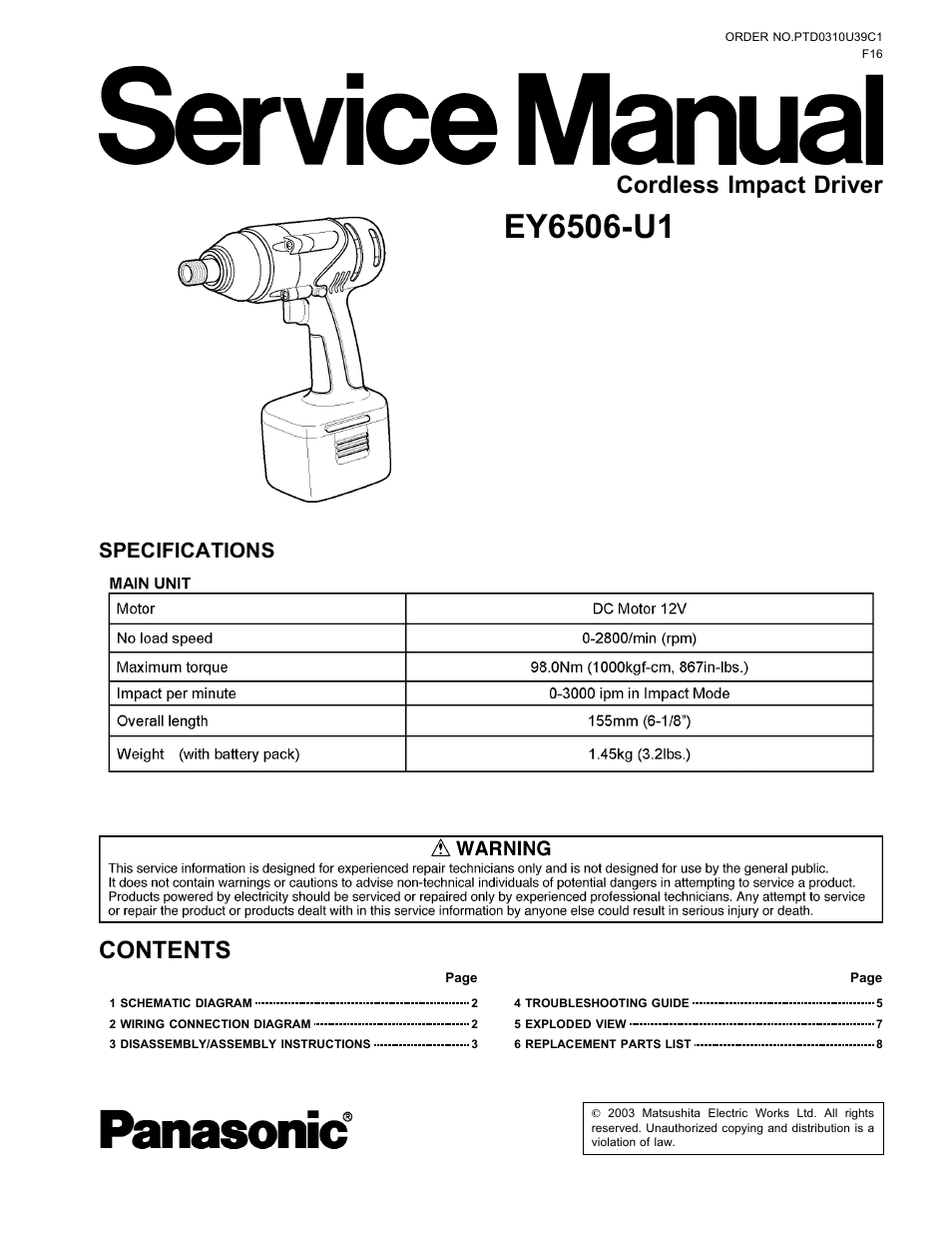 Panasonic EY6506-U1 User Manual | 8 pages