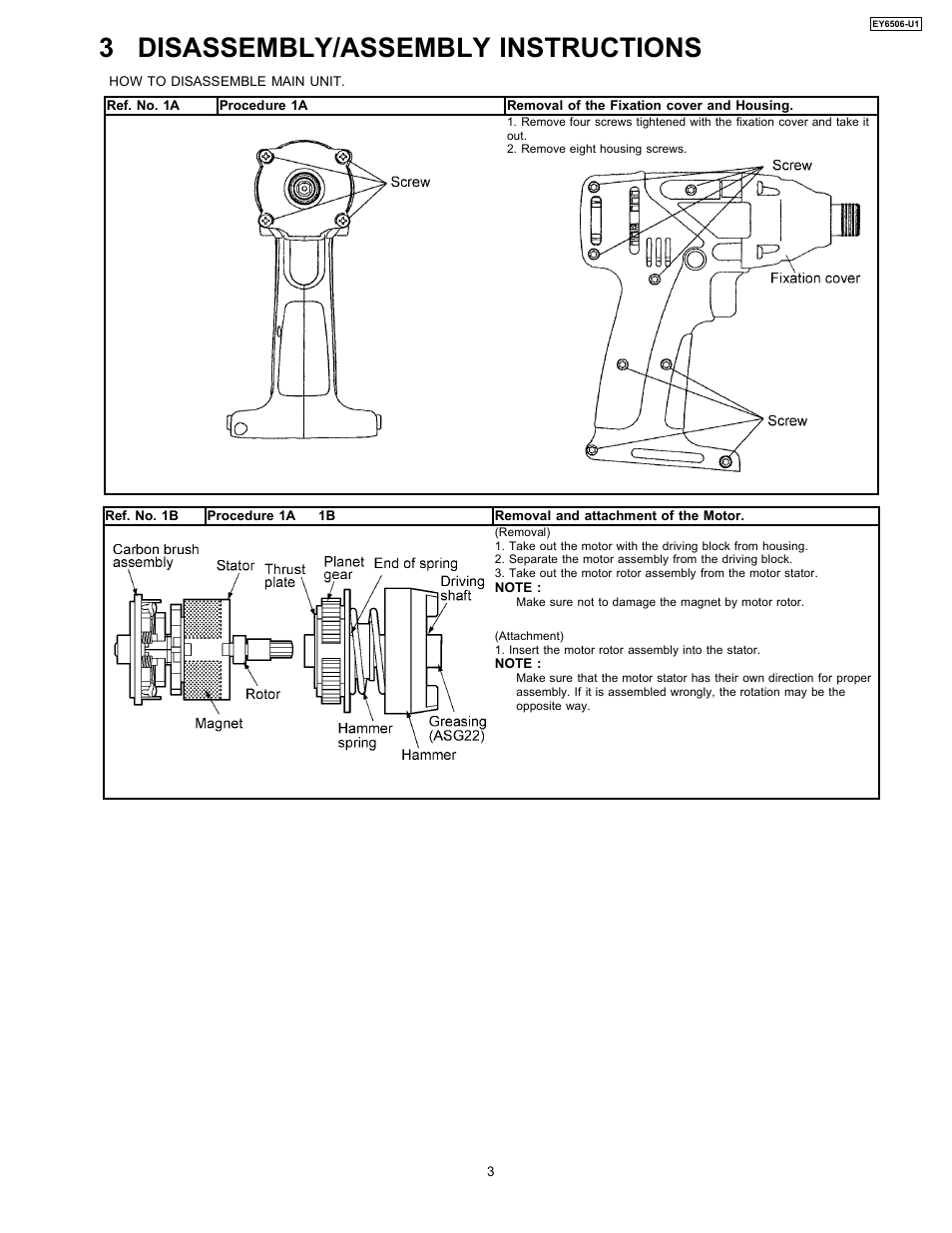 3 disassembly/assembly instructions | Panasonic EY6506-U1 User Manual | Page 3 / 8