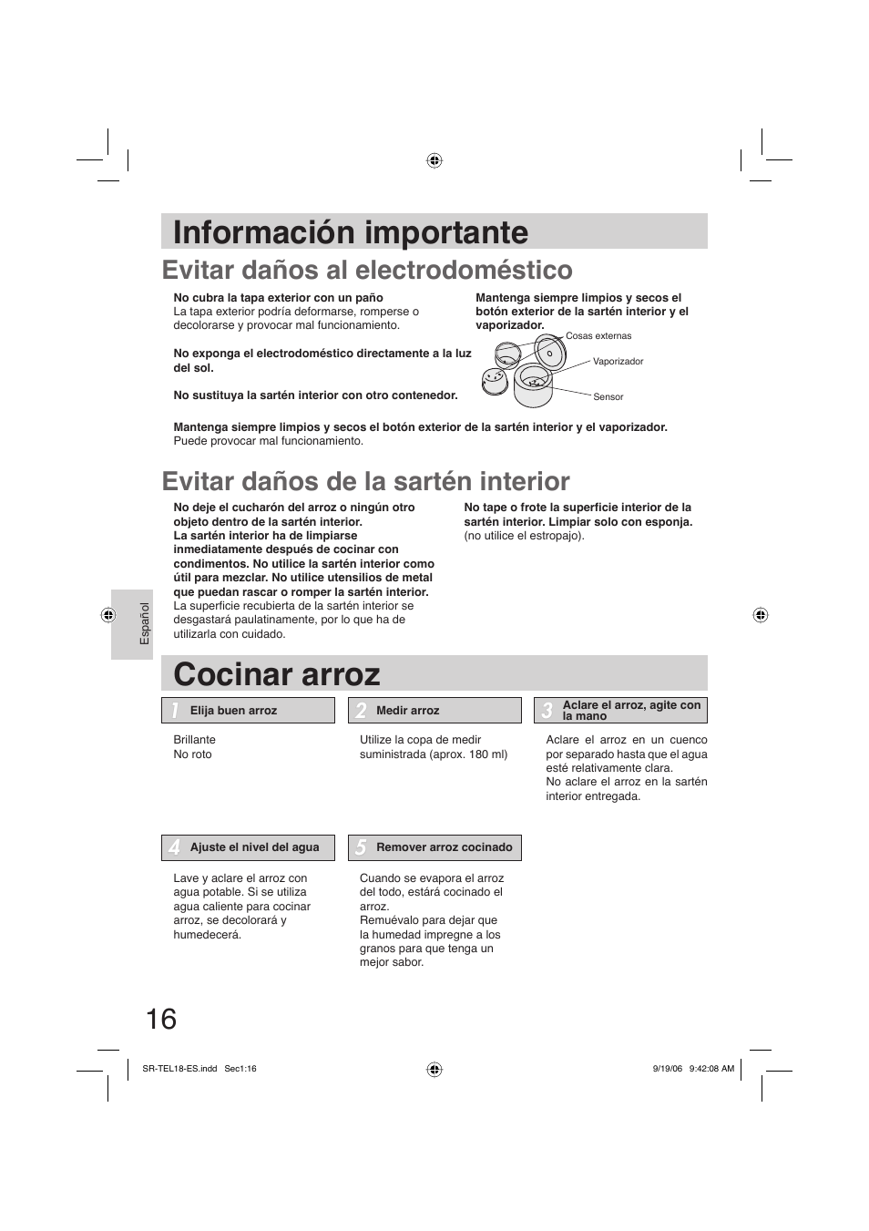 Informacion importante, Información importante cocinar arroz | Panasonic SR-TEL18 User Manual | Page 16 / 24