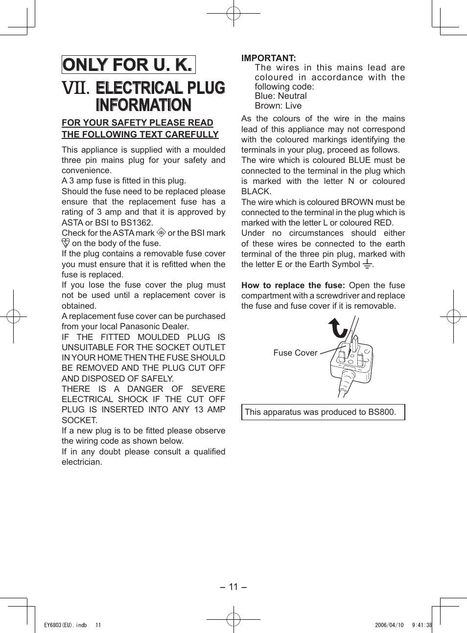 Only for u. k. . electrical plug information | Panasonic EY6803 User Manual | Page 11 / 100