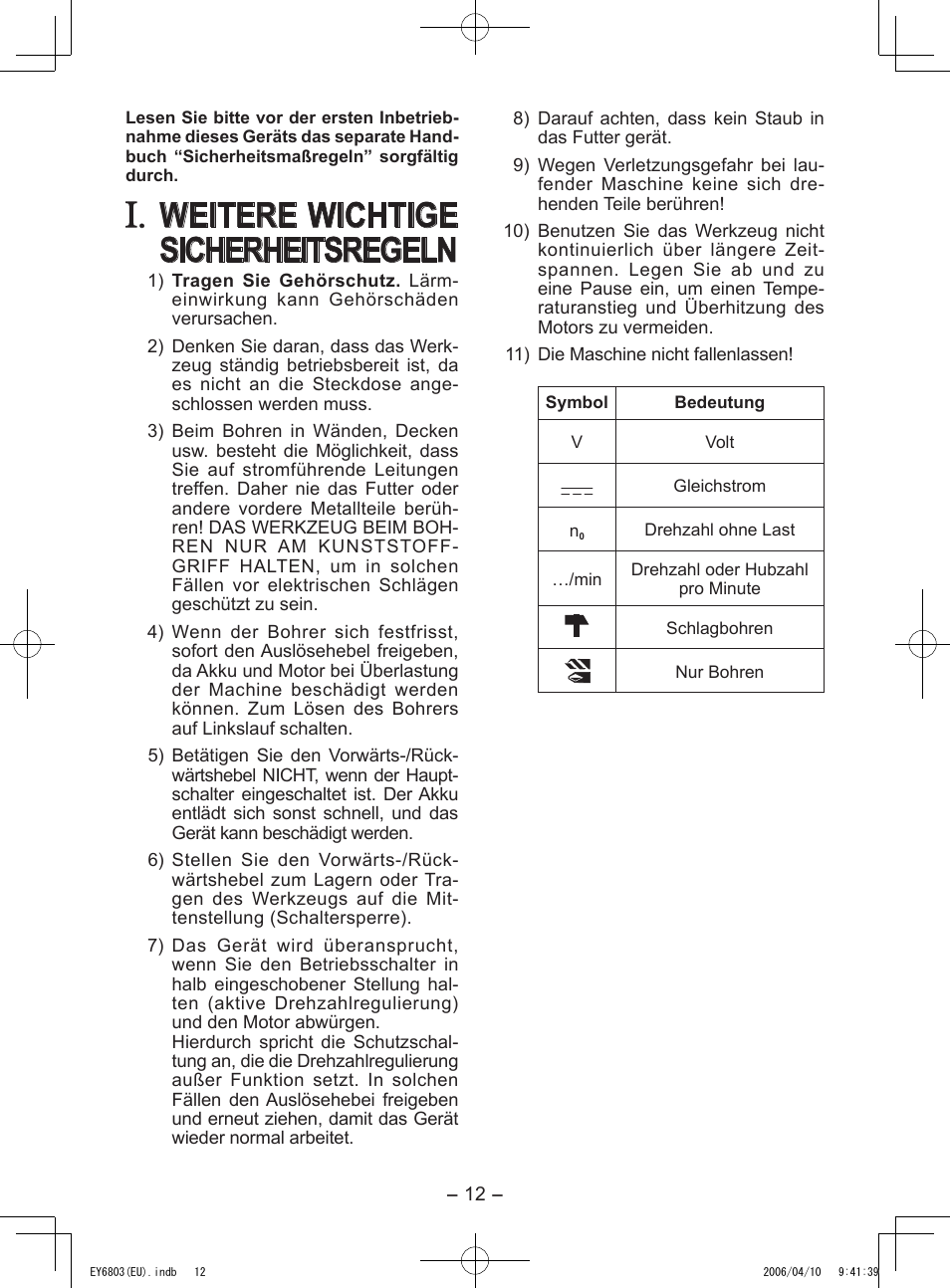 Weitere wichtige sicherheitsregeln | Panasonic EY6803 User Manual | Page 12 / 100