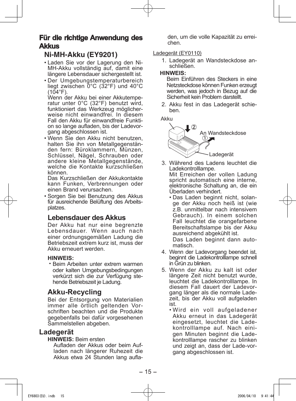 Lebensdauer des akkus, Akku-recycling, Ladegerät | Panasonic EY6803 User Manual | Page 15 / 100