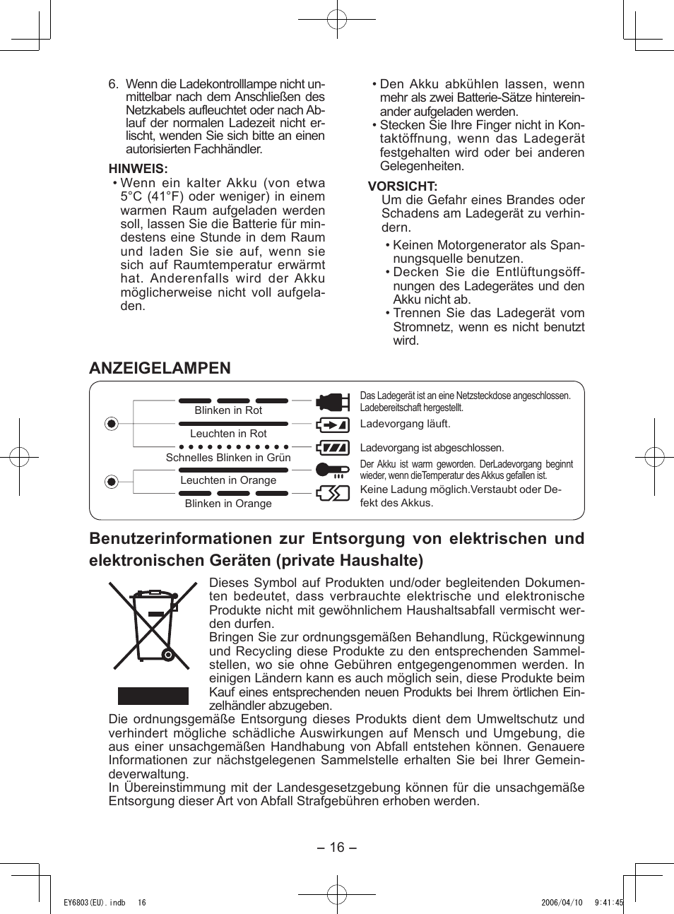 Anzeigelampen | Panasonic EY6803 User Manual | Page 16 / 100