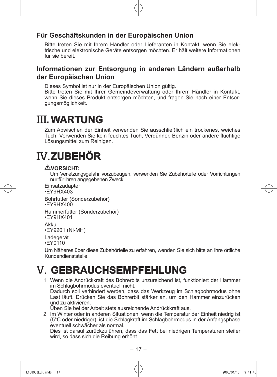 Wartung, Zubehör, Gebrauchsempfehlung | Panasonic EY6803 User Manual | Page 17 / 100