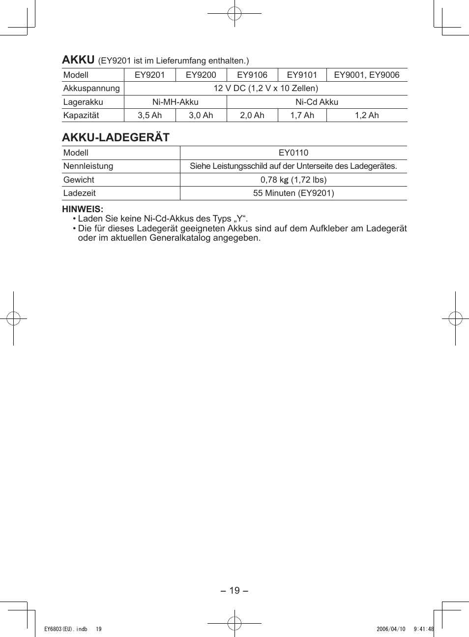 Akku, Akku-ladegerät | Panasonic EY6803 User Manual | Page 19 / 100