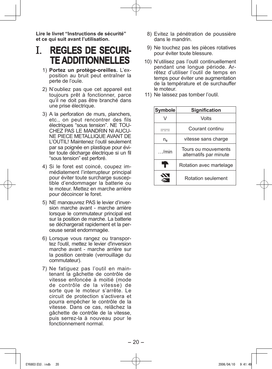 Regles de securi- te additionnelles | Panasonic EY6803 User Manual | Page 20 / 100