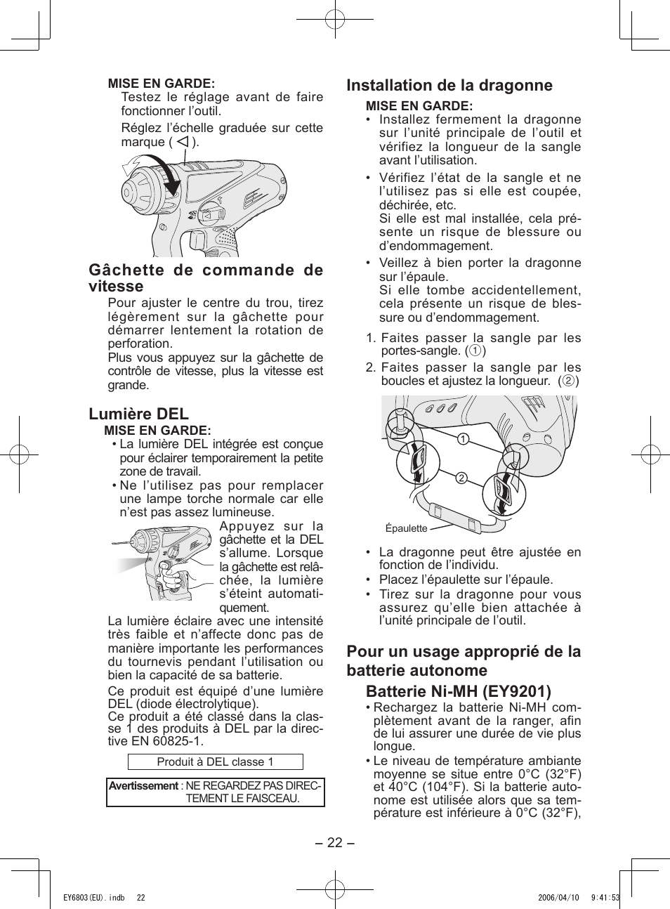 Gâchette de commande de vitesse, Lumière del, Installation de la dragonne | Panasonic EY6803 User Manual | Page 22 / 100