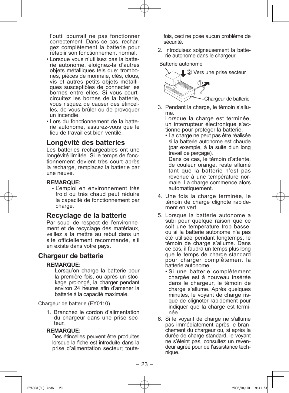 Longévité des batteries, Recyclage de la batterie, Chargeur de batterie | Panasonic EY6803 User Manual | Page 23 / 100