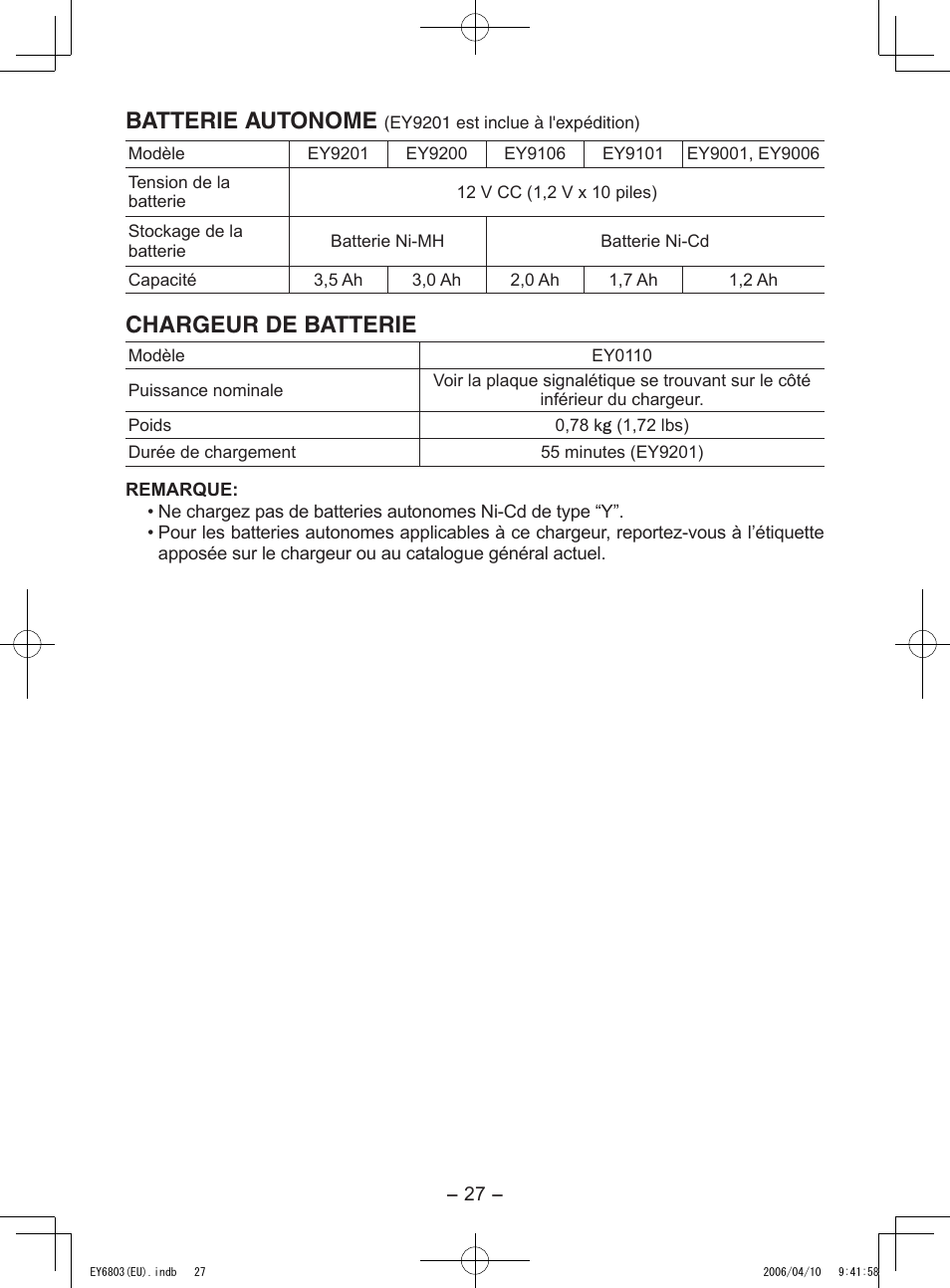 Batterie autonome, Chargeur de batterie | Panasonic EY6803 User Manual | Page 27 / 100