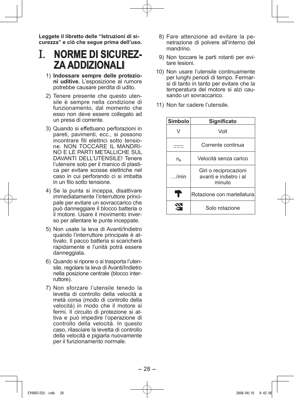 Norme di sicurez- za addizionali | Panasonic EY6803 User Manual | Page 28 / 100