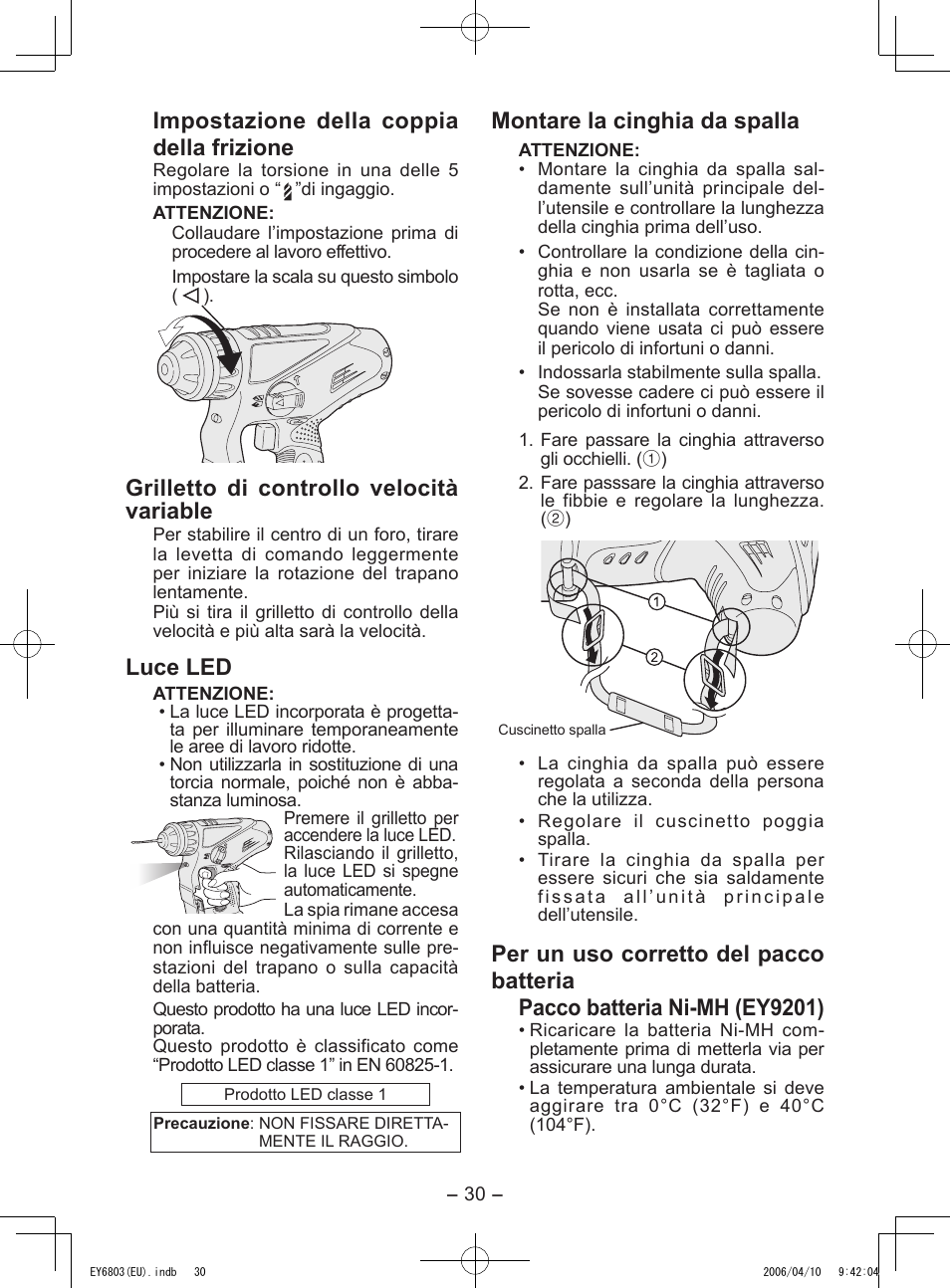 Impostazione della coppia della frizione, Grilletto di controllo velocità variable, Luce led | Montare la cinghia da spalla | Panasonic EY6803 User Manual | Page 30 / 100