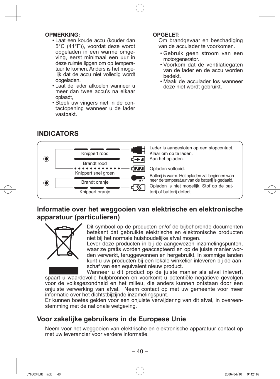 Indicators, Voor zakelijke gebruikers in de europese unie | Panasonic EY6803 User Manual | Page 40 / 100