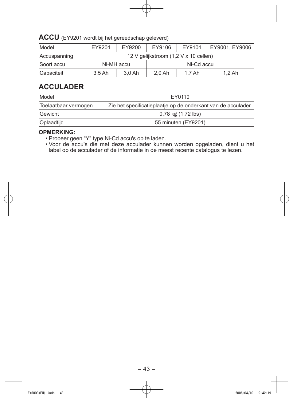 Accu, Acculader | Panasonic EY6803 User Manual | Page 43 / 100