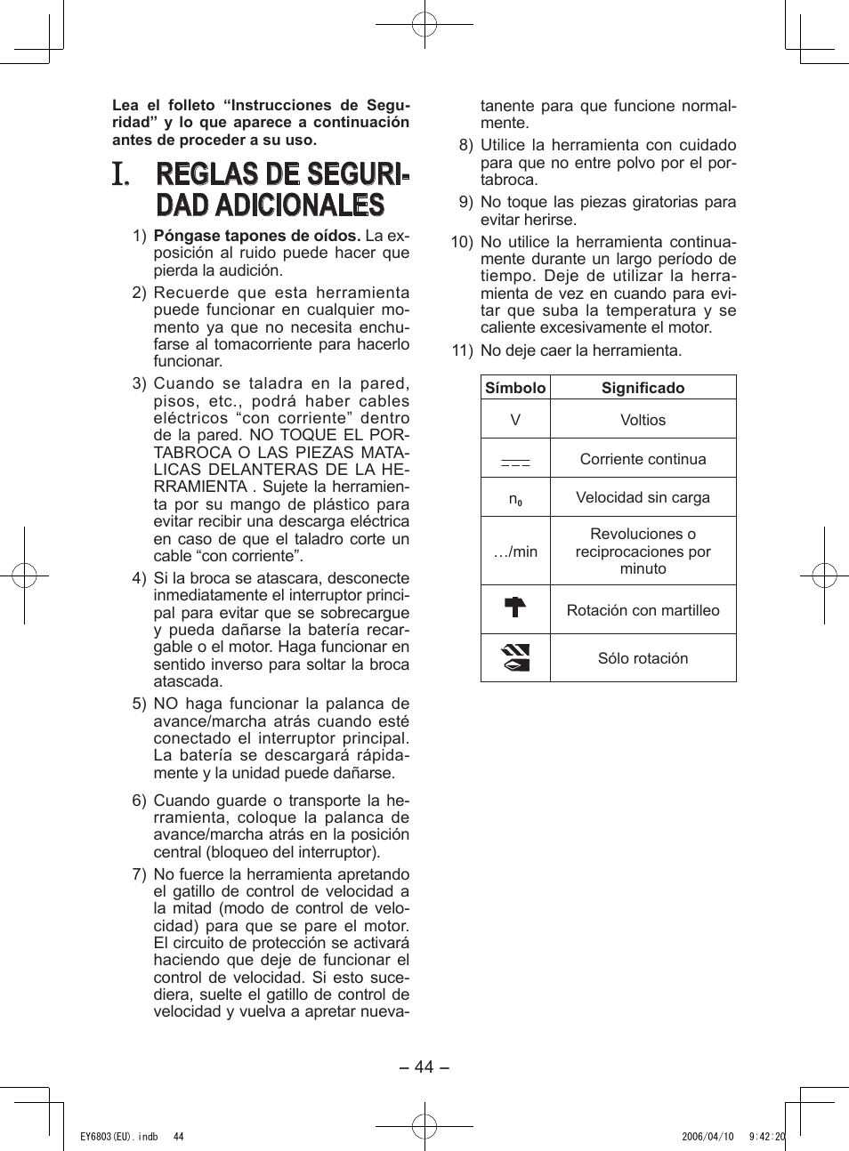 Reglas de seguri- dad adicionales | Panasonic EY6803 User Manual | Page 44 / 100