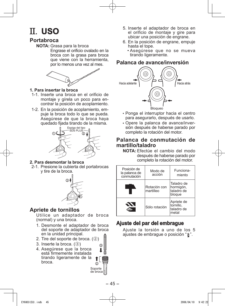 Portabroca, Apriete de tornillos, Palanca de avance/inversión | Palanca de conmutación de martillo/taladro, Ajuste del par del embrague | Panasonic EY6803 User Manual | Page 45 / 100