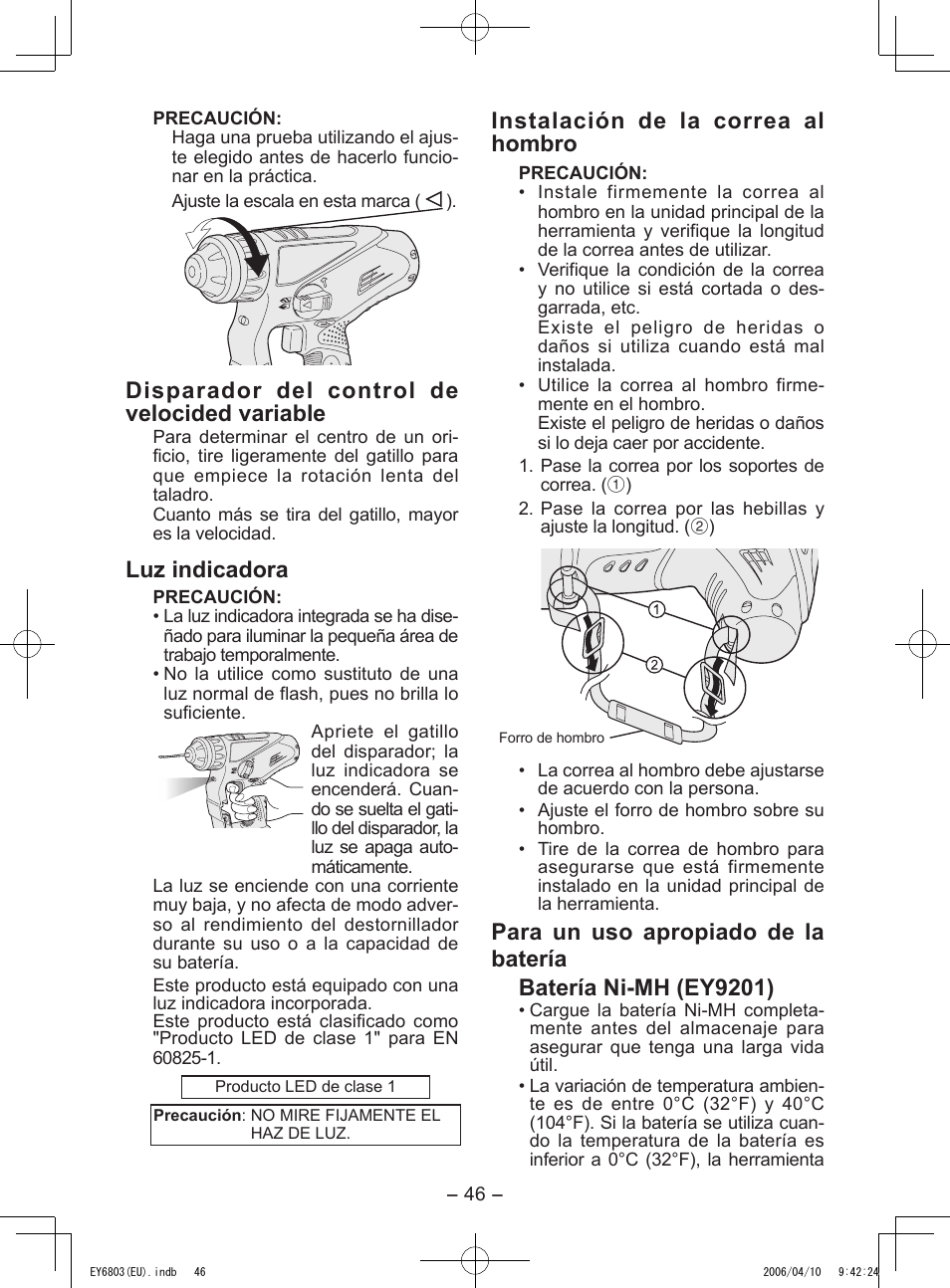 Disparador del control de velocided variable, Luz indicadora, Instalación de la correa al hombro | Panasonic EY6803 User Manual | Page 46 / 100