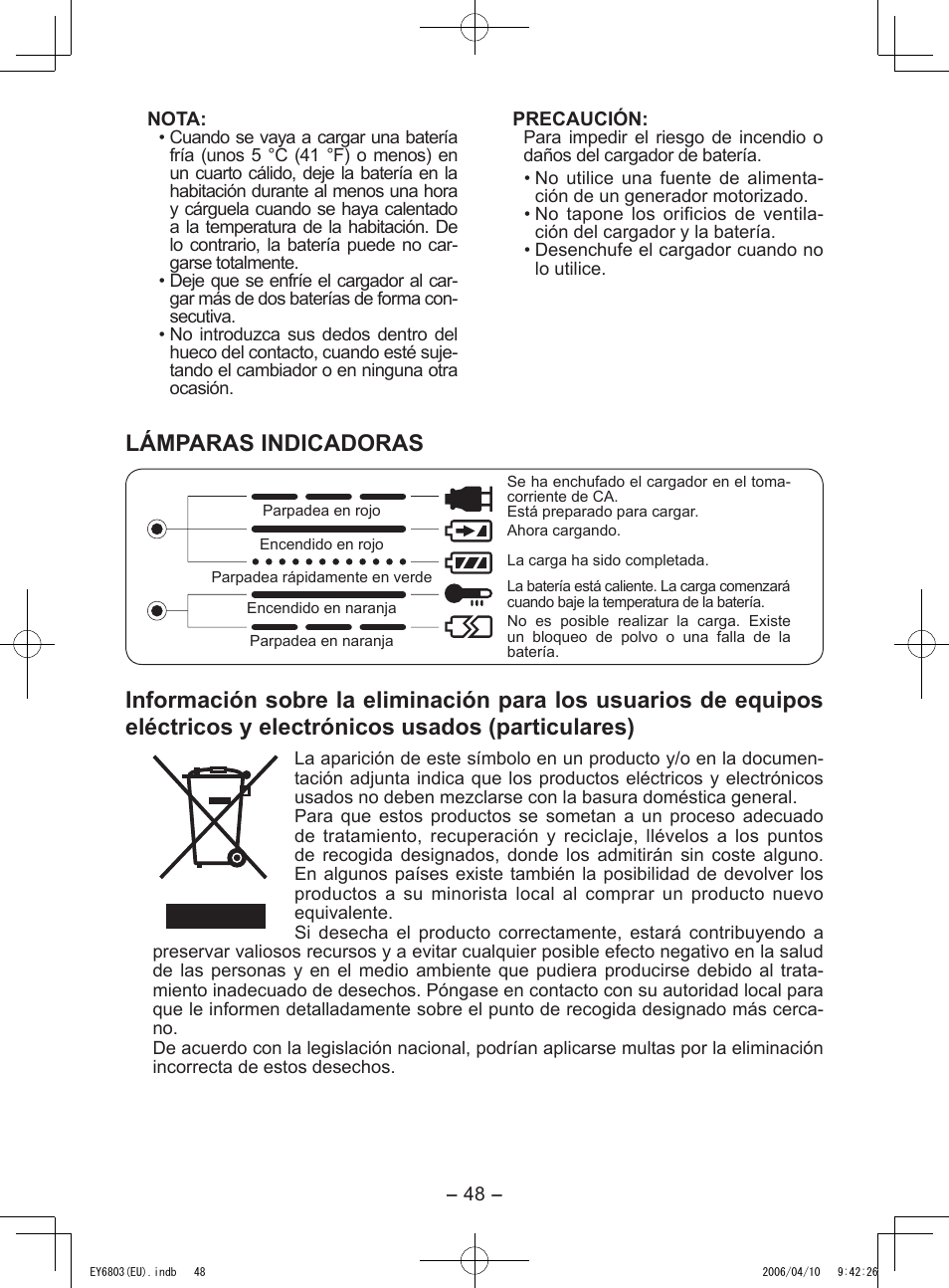 Lámparas indicadoras | Panasonic EY6803 User Manual | Page 48 / 100