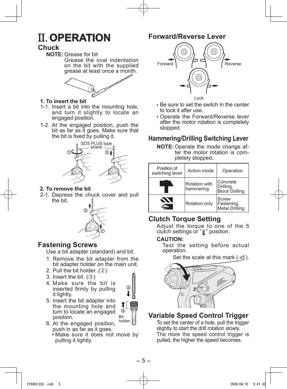 Operation, Chuck, Fastening screws | Forward/reverse lever, Hammering/drilling switching lever, Clutch torque setting, Variable speed control trigger | Panasonic EY6803 User Manual | Page 5 / 100