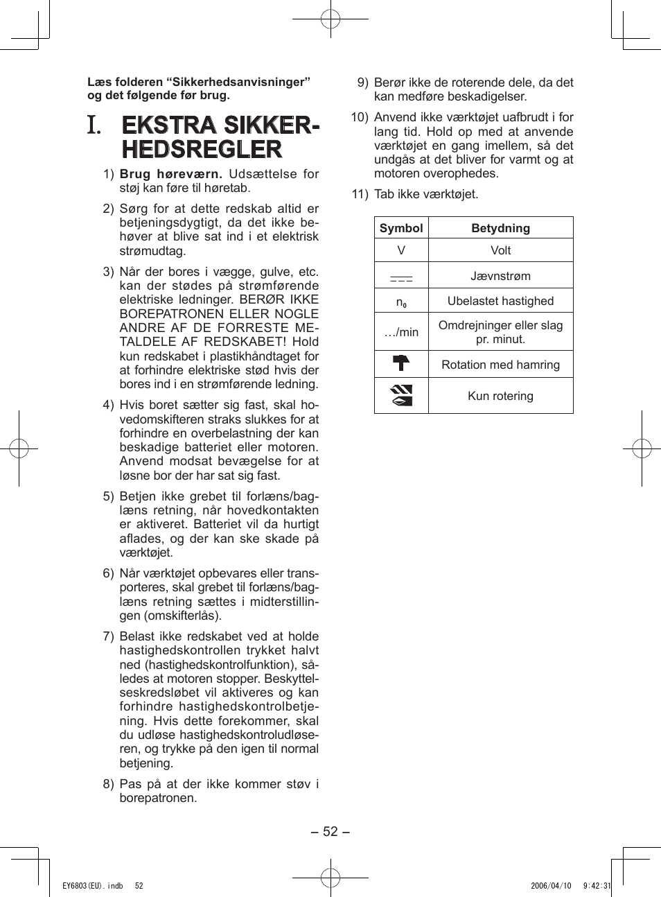 Ekstra sikker- hedsregler | Panasonic EY6803 User Manual | Page 52 / 100