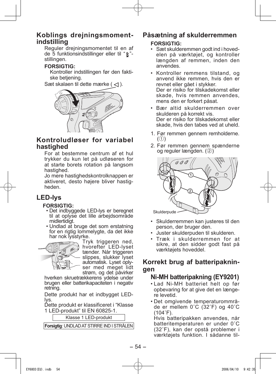 Koblings drejningsmoment- indstilling, Kontroludløser for variabel hastighed, Led-lys | Påsætning af skulderremmen | Panasonic EY6803 User Manual | Page 54 / 100