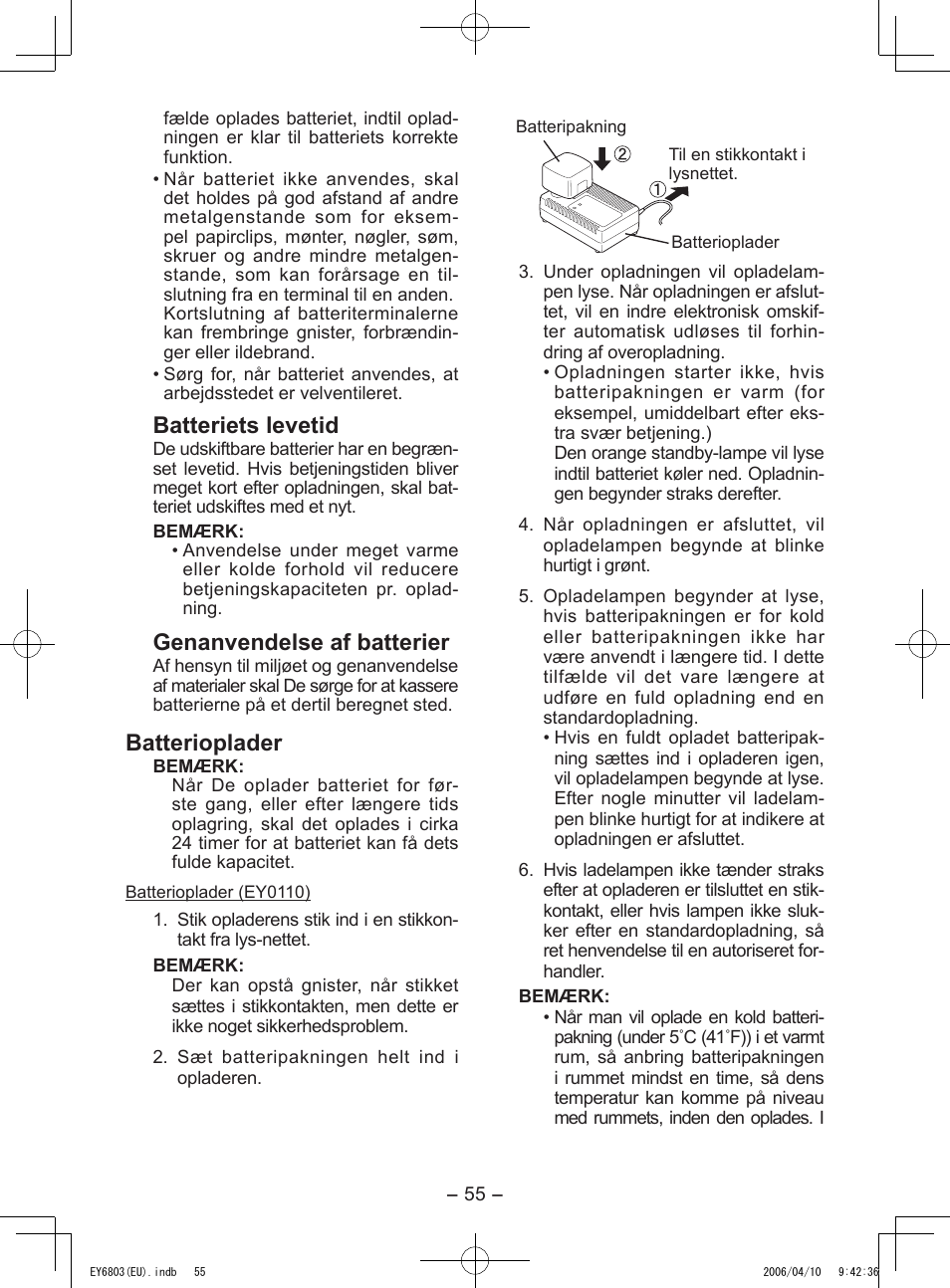 Batteriets levetid, Genanvendelse af batterier, Batterioplader | Panasonic EY6803 User Manual | Page 55 / 100