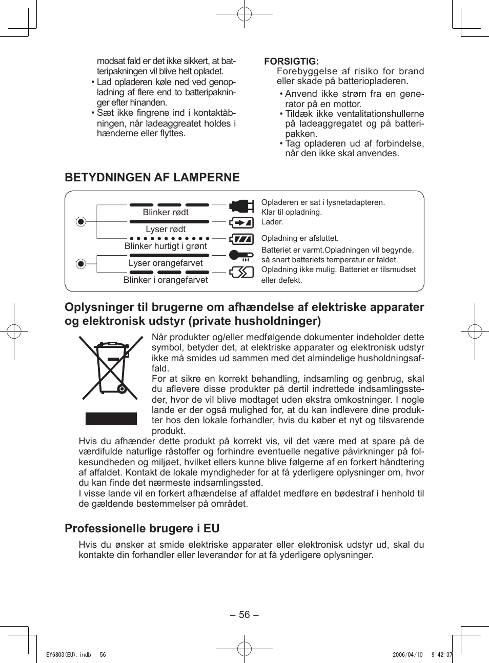 Betydningen af lamperne, Professionelle brugere i eu | Panasonic EY6803 User Manual | Page 56 / 100