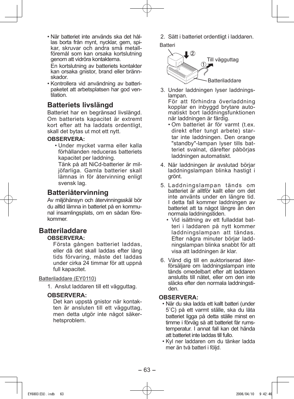 Batteriets livslängd, Batteriåtervinning, Batteriladdare | Panasonic EY6803 User Manual | Page 63 / 100