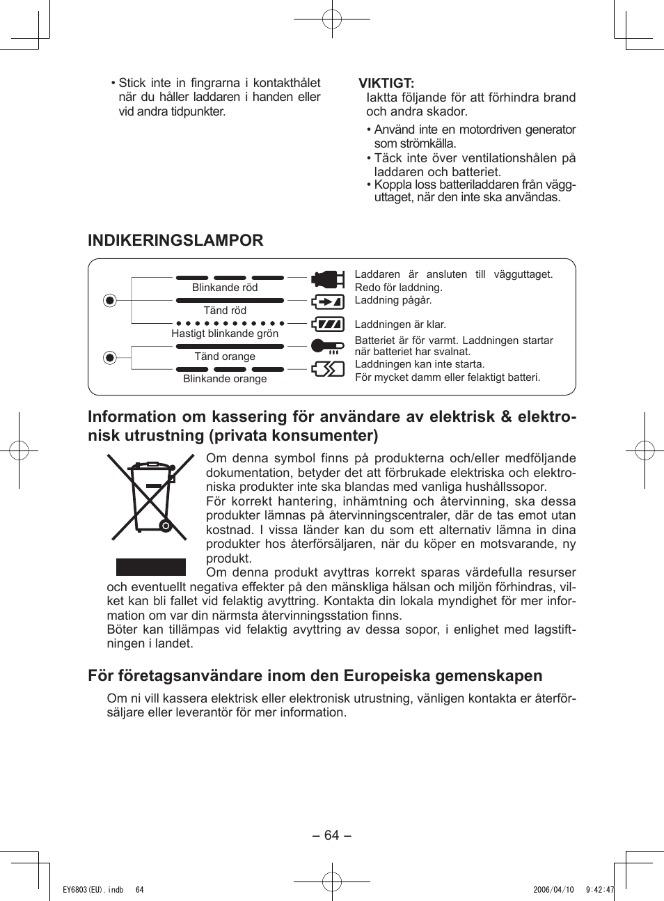 Indikeringslampor | Panasonic EY6803 User Manual | Page 64 / 100