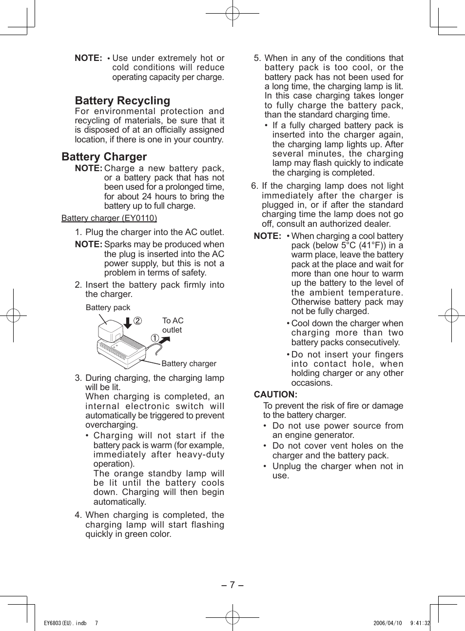 Battery recycling, Battery charger | Panasonic EY6803 User Manual | Page 7 / 100