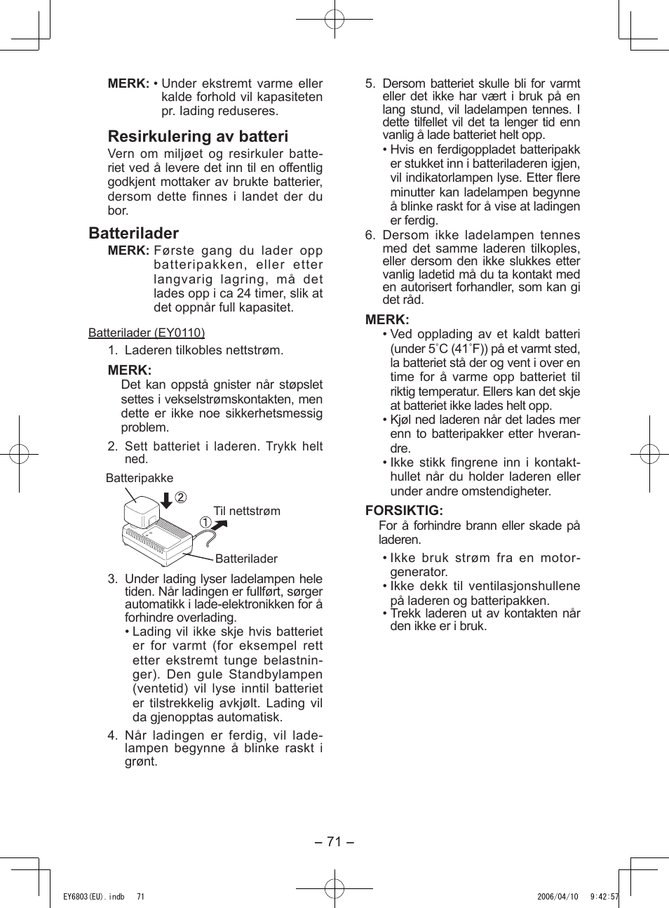 Resirkulering av batteri, Batterilader | Panasonic EY6803 User Manual | Page 71 / 100