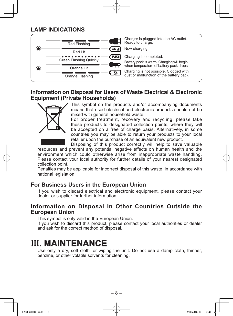 Maintenance, Lamp indications, For business users in the european union | Panasonic EY6803 User Manual | Page 8 / 100