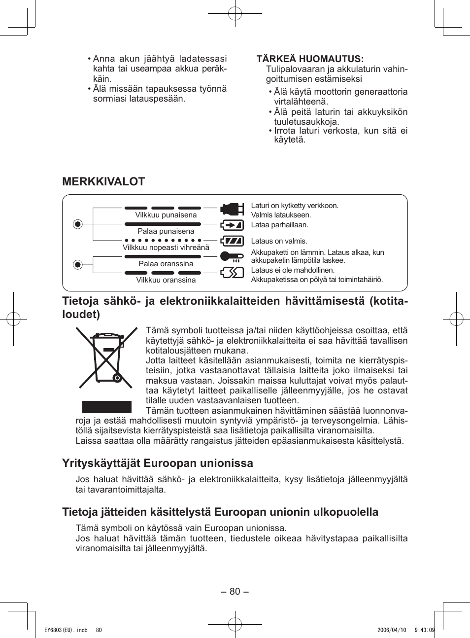 Merkkivalot, Yrityskäyttäjät euroopan unionissa | Panasonic EY6803 User Manual | Page 80 / 100