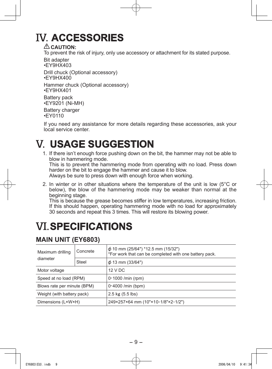 Accessories, Usage suggestion, Specifications | Main unit (ey6803) | Panasonic EY6803 User Manual | Page 9 / 100