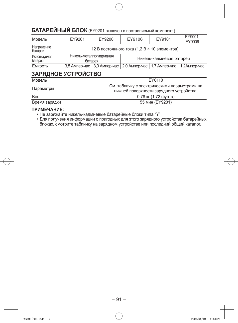 Батарейный блок, Зарядное устройство | Panasonic EY6803 User Manual | Page 91 / 100