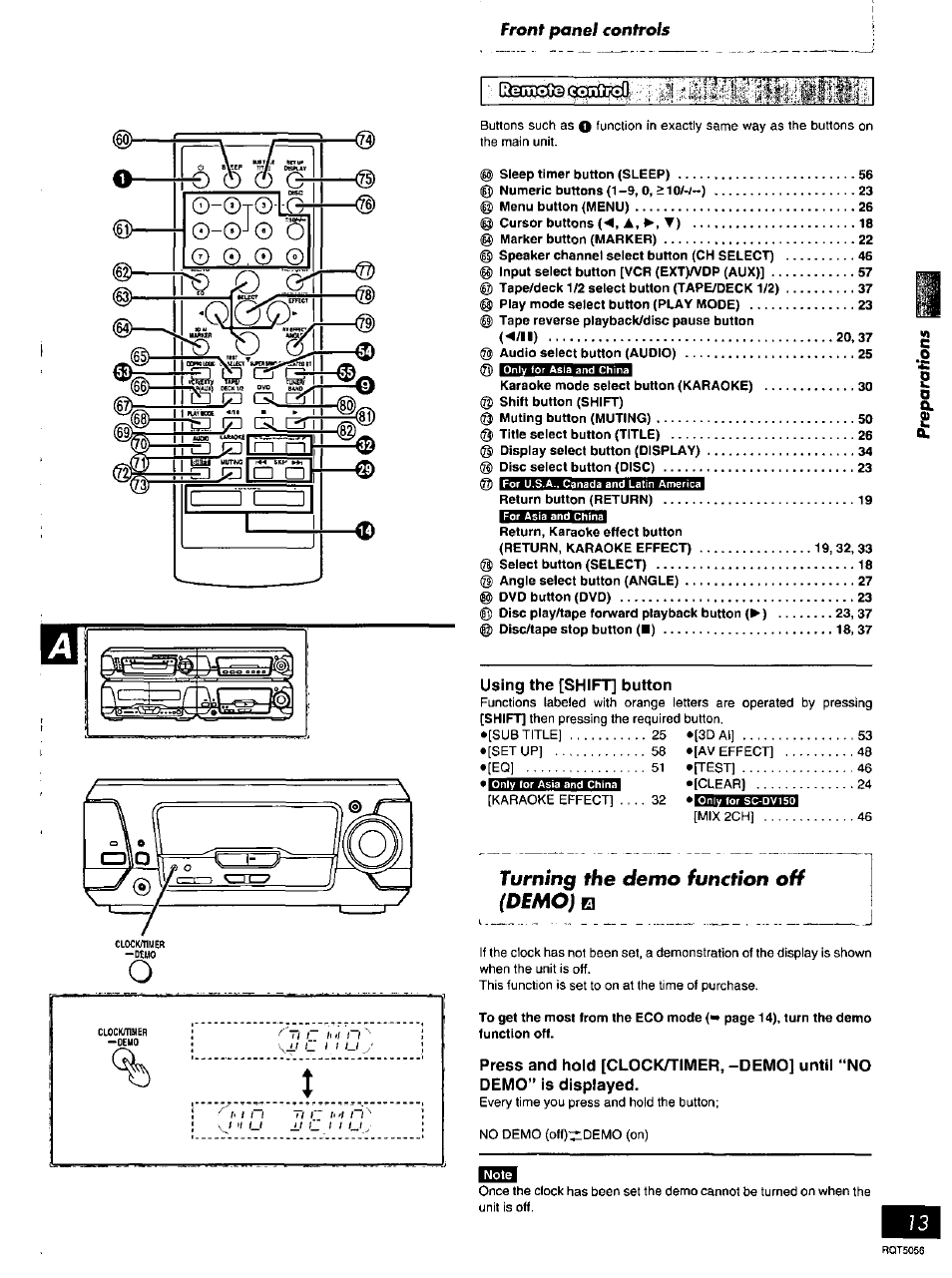 J© ü, Turning the demo function off (demo), Turning the demo function off | Qot), Front panel controls, Using the [shift] button | Panasonic SC-DV100 User Manual | Page 13 / 68