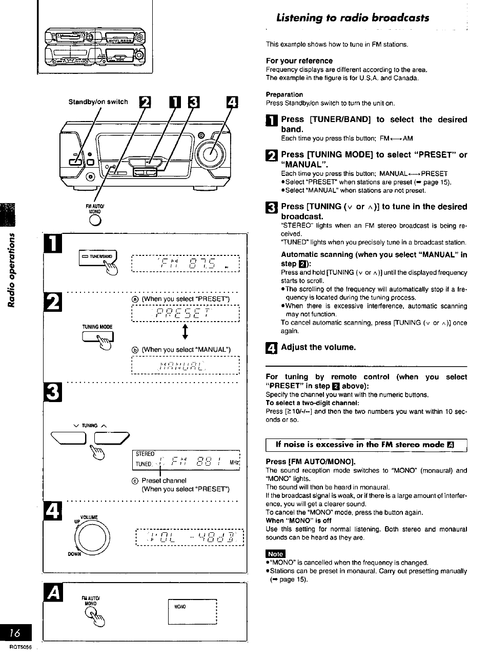 Listening to radio broadcasts, Press [tuner/band] to select the desired band, Press [tuning mode] to select “preset" or “manual | Adjust the volume | Panasonic SC-DV100 User Manual | Page 16 / 68