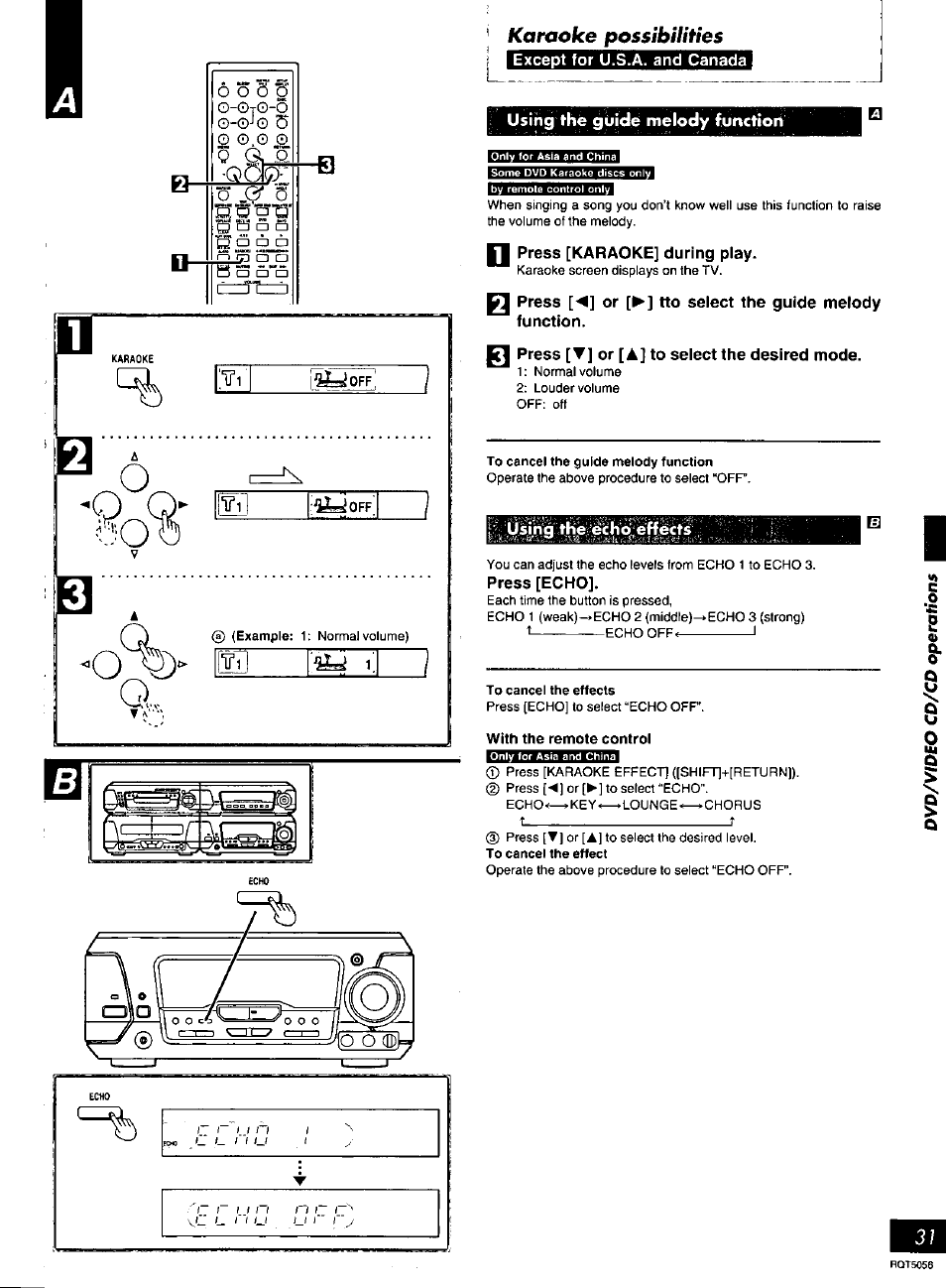 Karaoke possibilities, Except for u.s.a. and canada, Using thé guidé melody function | Press [karaoke] during play, Press [▼] or [a] to select the desired mode, Us mg ihei'-éc kd; effects, Press [echo, J3f ô | Panasonic SC-DV100 User Manual | Page 31 / 68