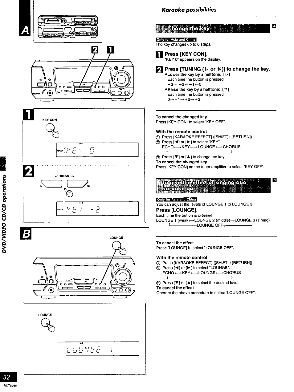 Ichah'tie (me'ikey ^ i, Press [key con, Press [tuning (l^ or #)] to change the key | Bisingi^g, Press [lounge | Panasonic SC-DV100 User Manual | Page 32 / 68