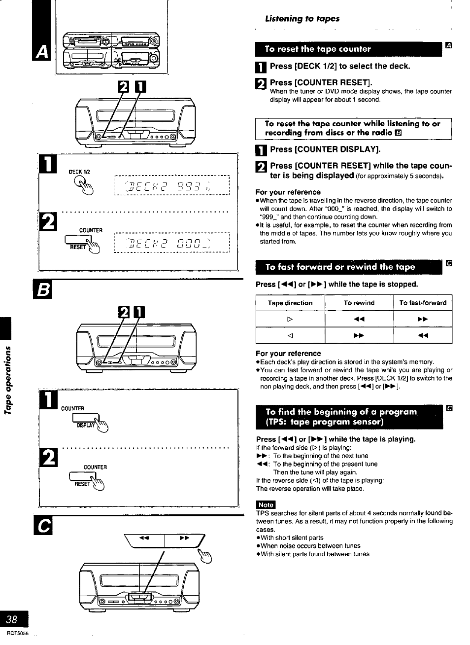 Listening to tapes, To reset the tape counter, Press [deck 1/2] to select the deck | Q press [counter reset, Press [counter display, To fast forward or rewind the tape | Panasonic SC-DV100 User Manual | Page 38 / 68