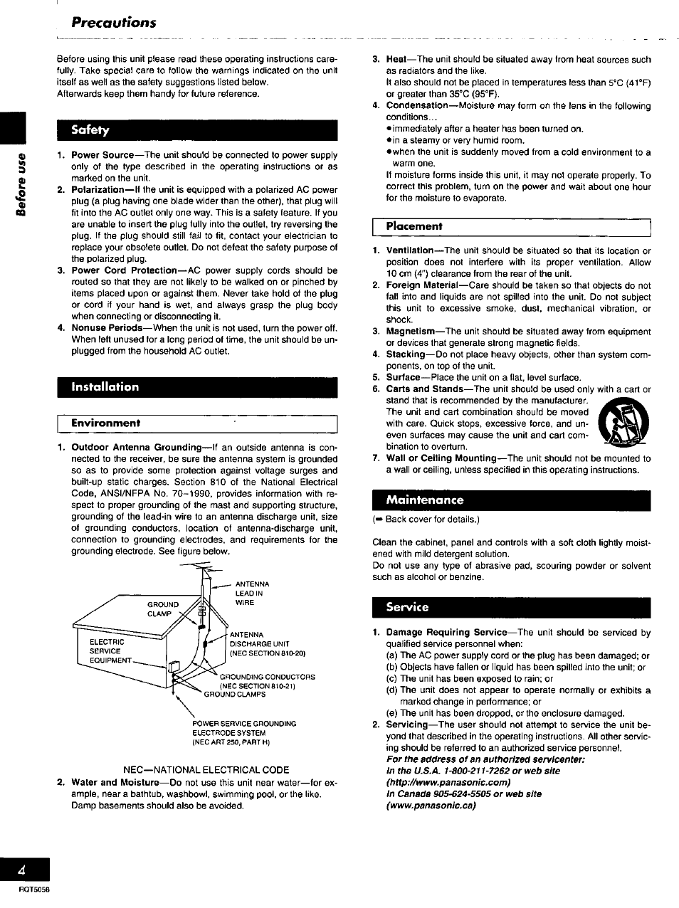 Safety, Insfallation, Maintenance | Service, Precautions | Panasonic SC-DV100 User Manual | Page 4 / 68