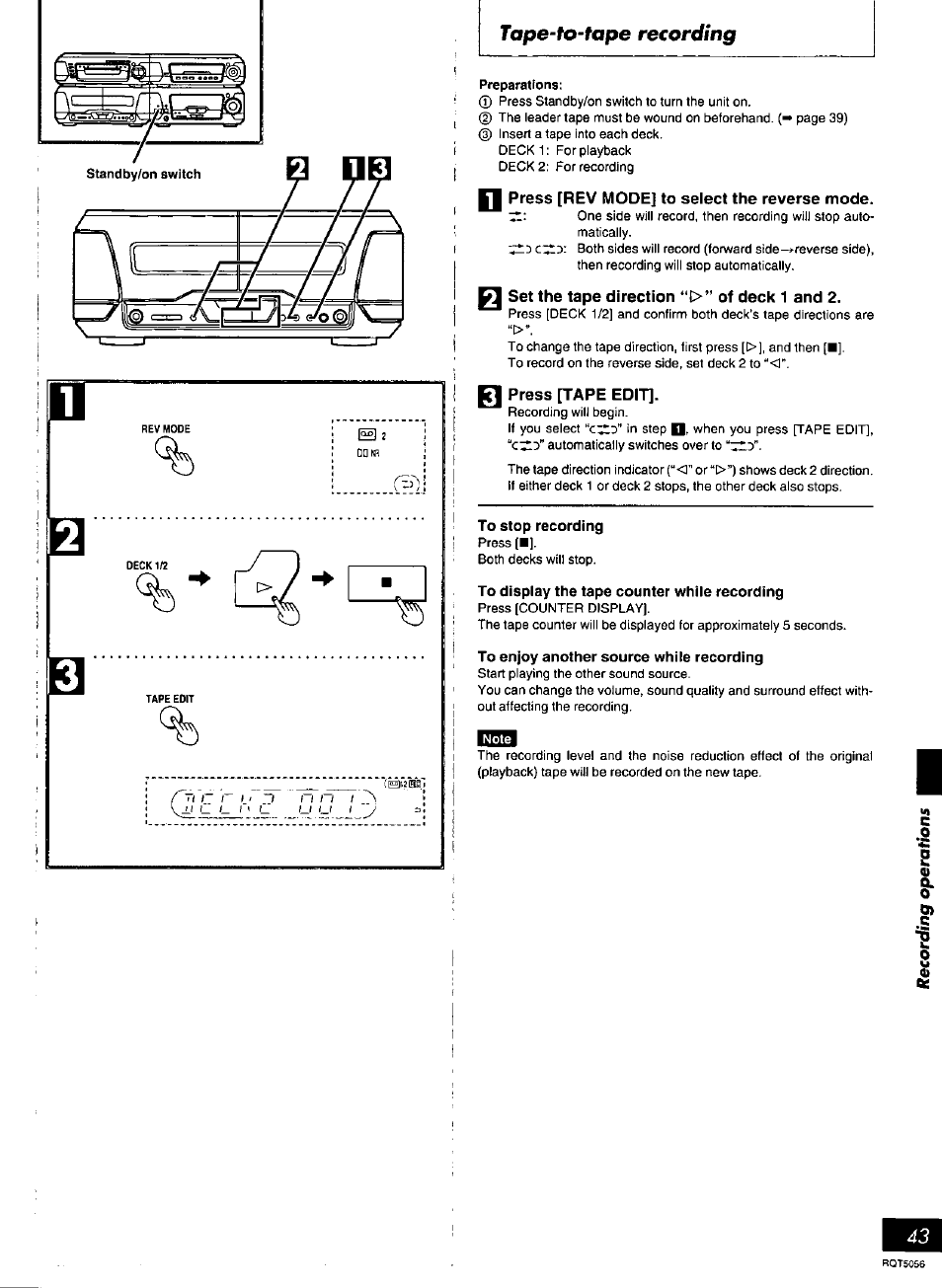 Tape-to-tape recording, Press [rev mode] to select the reverse mode, Press [tape edit | Panasonic SC-DV100 User Manual | Page 43 / 68