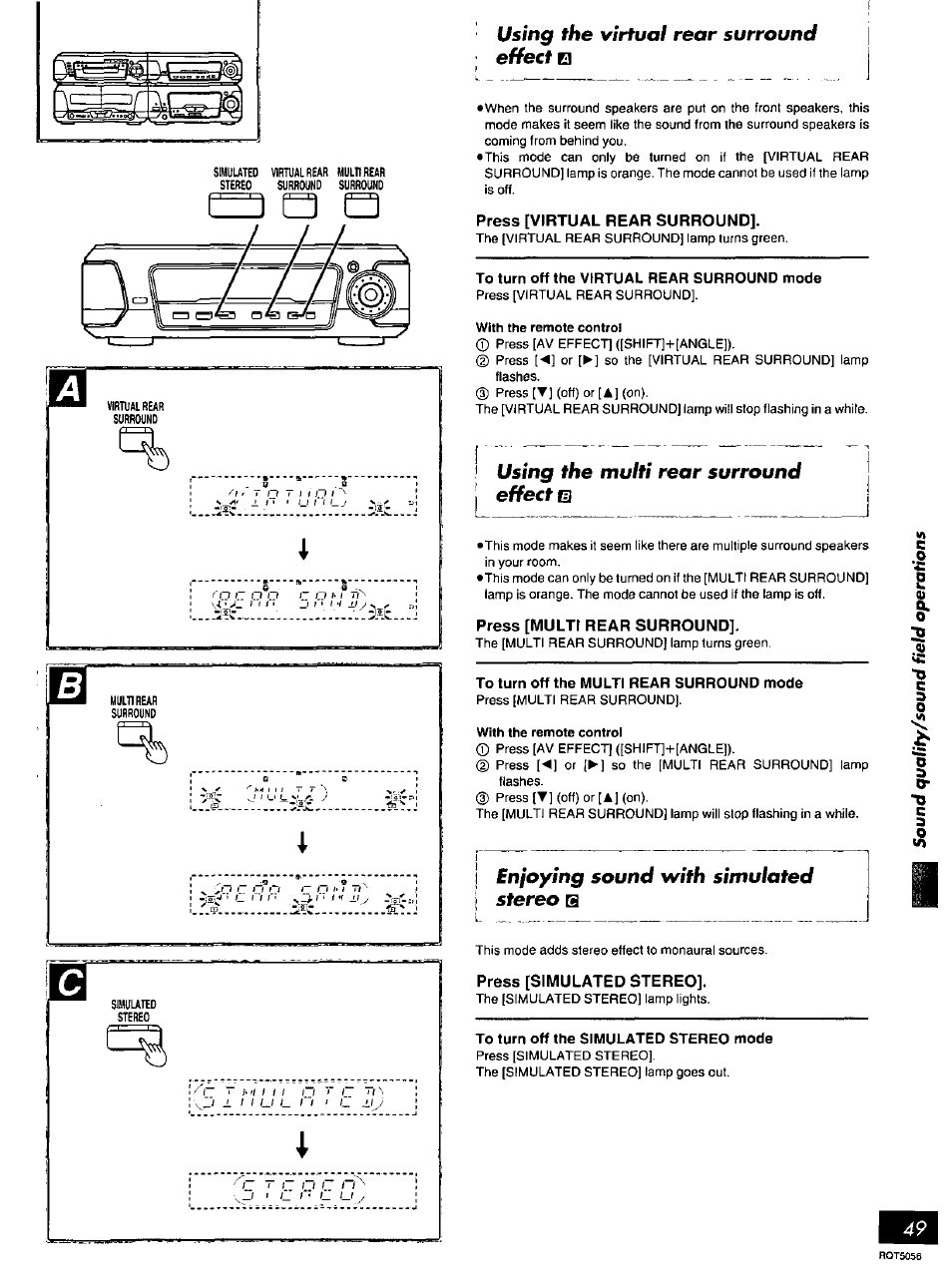 Using the virtual rear surround effect, Press [virtual rear surround, Using the multi rear surround i effect m | Press [multi rear surround, Bnjoying sound with simulated stereo b, Press [simulated stereo | Panasonic SC-DV100 User Manual | Page 49 / 68