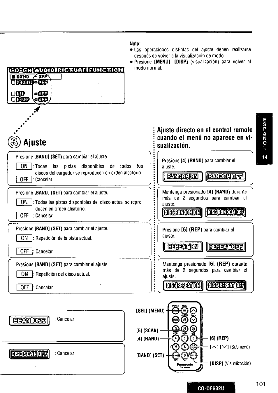 Nota, Ajuste, Sel] (menu) | 5] (scan) [41 (rand), 6] (rep) | Panasonic CQ-DF602U User Manual | Page 101 / 124